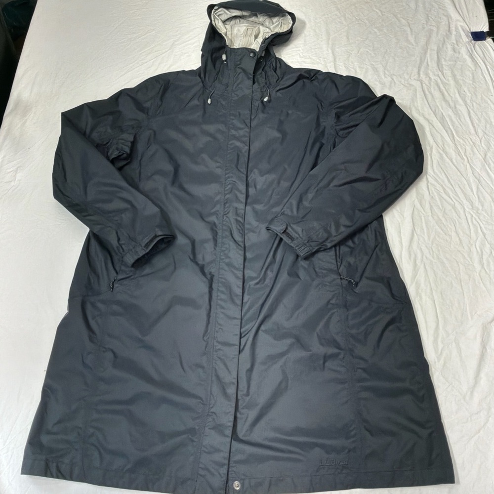 L.L.Bean Rain Coat Womens 1X Black Hooded Nylon Parka Jacket Water Resistant